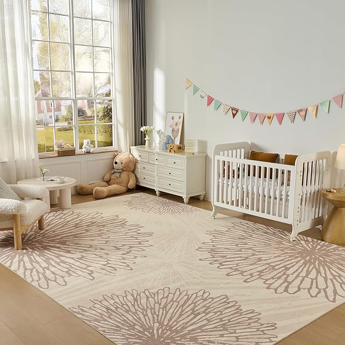 WITSHOCK 12x14 Area Rugs for Living Room: Beige Floral Washable Rugs for Bedroom Dining Room Office Nursery Modern Non-Slip Stain Resistant Low Pile Home Decor（Beige/Brown,12'x14'）
