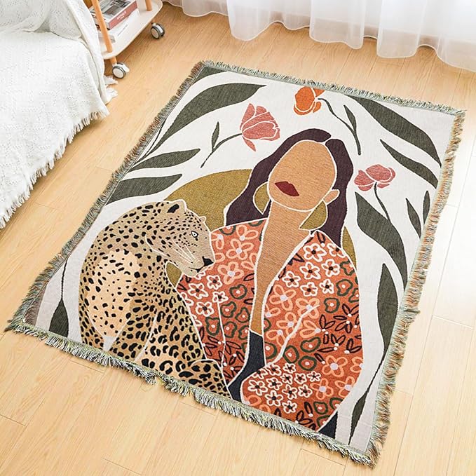 Double-Sided Cotton Woven Throw Blanket with Tassel Jungle Bohemian Style Tapestry Shawl Multi-Function Decorative Throws for Sofa Bed Armchair Camping Blanket Tablecloth Carpet 160x130cm