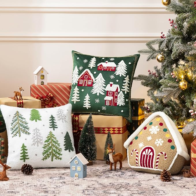Phantoscope Gingerbread Series House Merry Christmas Throw Pillow, Plush Faux Rabbit Fur Embroidered Teddy Sherpa Gingerbread House Xmas Decorative Shaped Pillow, Beige, 12x13 in