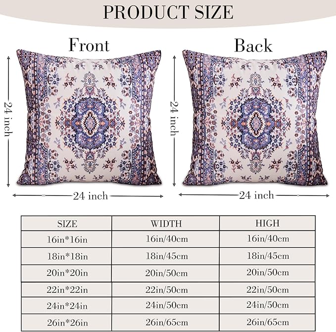 Boho Throw Pillow Covers 24x24 inch Set of 2,Boho Vintage Carpet Pattern Antique Ethnic Decor Double Sided Pattern Cushion Cover Soft Pillow Case Living Sofa Room Bed Square Pillow Cover