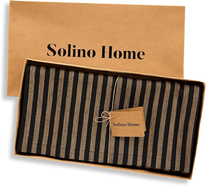 Solino Home Square Tablecloth 52 x 52 Inch - Amalfi Stripe, 100% Pure Linen Brown Sugar and Black Table Throw - Machine Washable Tablecloth for Fall, Autumn, Thanksgiving
