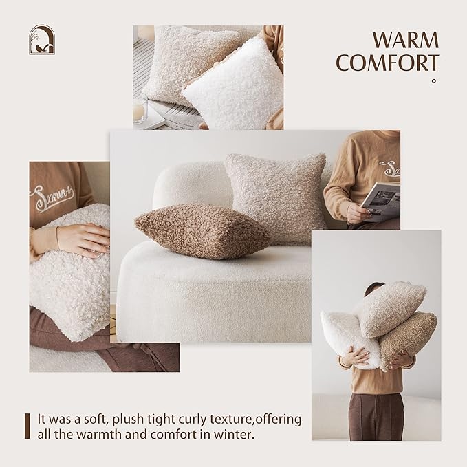 Foindtower Set of 2 Curly Teddy Wool Pillow Covers Decorative Boucle Textured Lumbar Throw Pillow Faux Fur Pillowcases Sheepskin Cushion Case for Sofa Bedroom Car 12"x20" Chocolate
