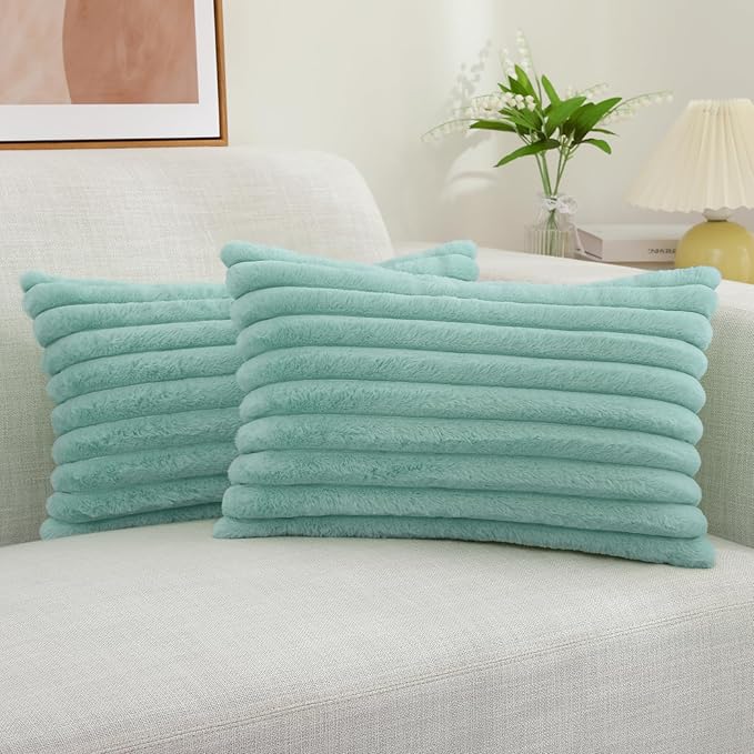 decorUhome Faux Fur Christmas Throw Pillow Covers 12x20 Set of 2, Decorative Soft Plush Striped Lumbar Neutral Couch Euro Pillow Covers with Velvet Back for Sofa, Bed, Living Room Home Decor, Aqua