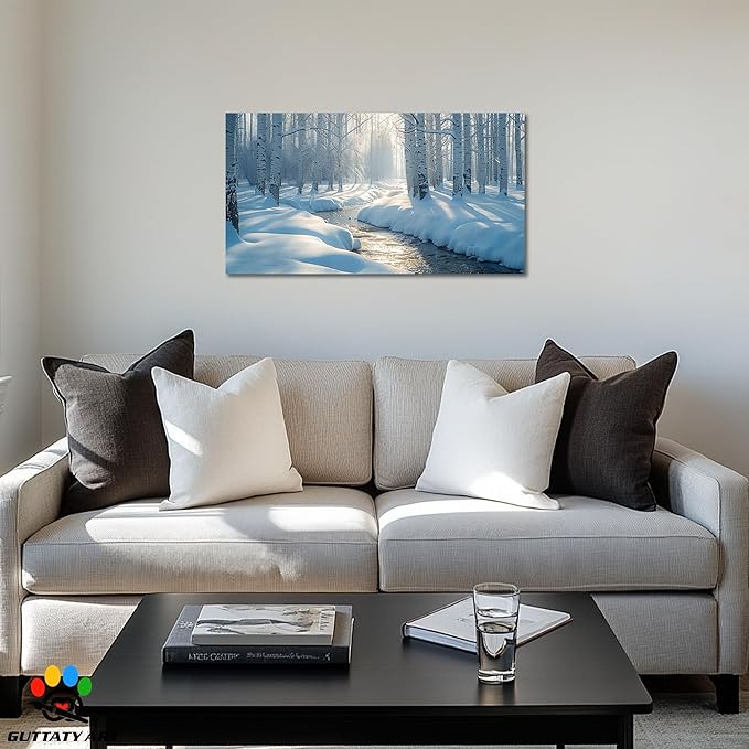 GUTTATY Christmas Winter Scene Canvas Wall Art, Birch Tree Snow Landscape Canvas Artwork, Serene Blue White Wall Decor Picture, Peaceful Nature Winter Poster for Living Room and Bedroom, 40x20 Inch