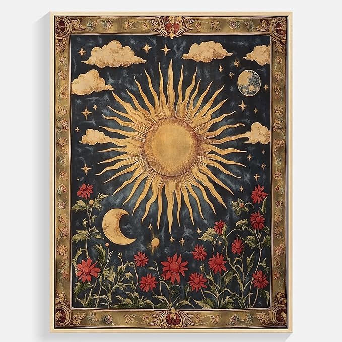 Eeuqiauot Vintage Sun Moon Flowers Wall Art Retro Celestial Floral Wall Decor Gothic Wildflowers Painting Tarot Crescent Picture Moon Star Wildflower Poster for Living Room Bedroom 12x16inch Unframed