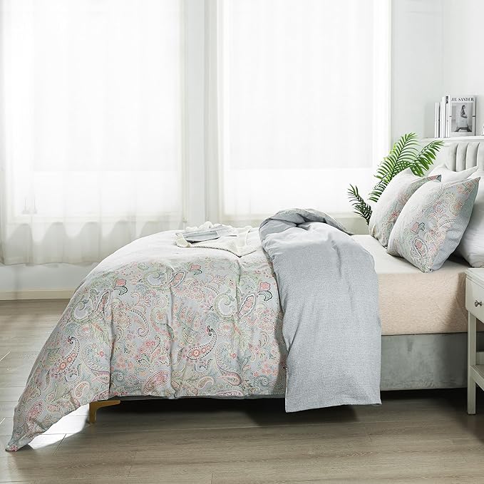 HoneiLife Wildflower Duvet Cover King - 100% Cotton Comforter Cover Sets, 3-PC Comfortable Floral Duvet Cover Sets,Soft & Breathable Duvet Cover with Zipper Closure & Corner Ties, Paisley