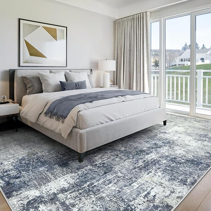 Washable Area Rugs for Living Room 8x10 - Large Neutral Modern Abstract Rug, Soft Low Pile Carpet with Non Slip Backing for Under Dining Room Table, Bedroom, Home, Office, Dorm - Indigo Gray
