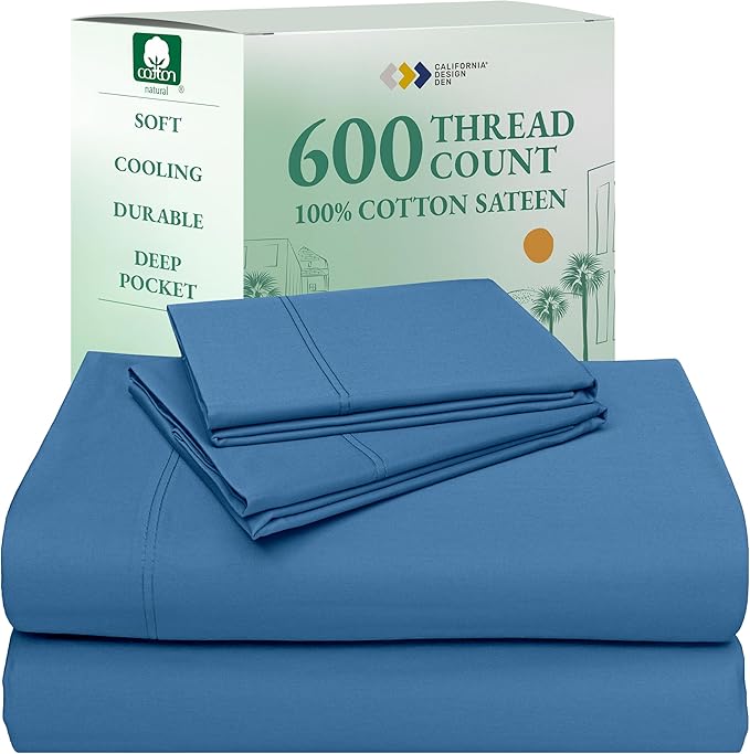 California Design Den King Sheets Cotton Set - Luxury 600 Thread Count Sateen, Natural 100% Cotton Cooling Sheets King Size, Hotel Quality, Durable Fully Elasticized Deep Pockets - Parisian Blue