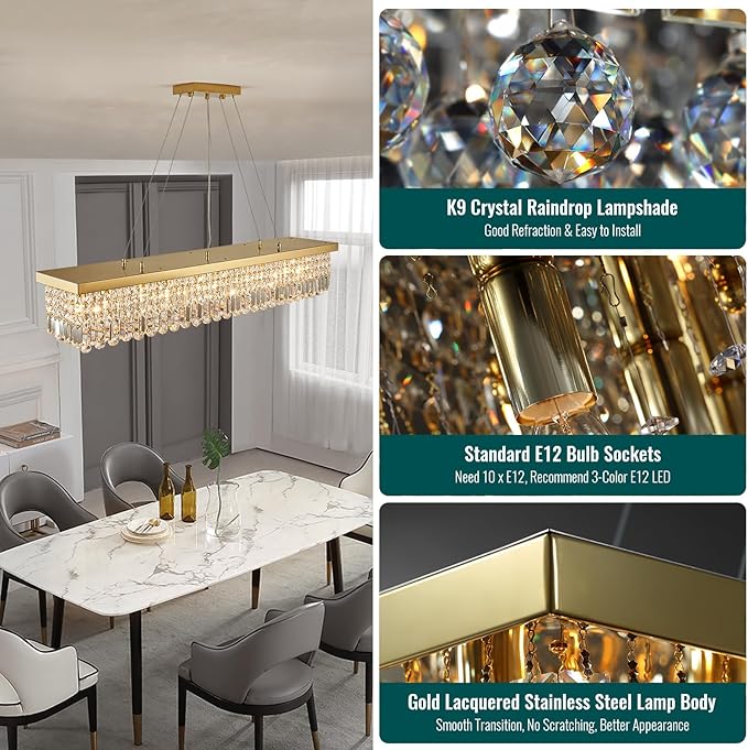 Siljoy 10-Light Modern Crystal Chandelier Gold Rectangular Crystal Raindrop Chandelier Luxury Large Rectangle Flush Mount Pendant Ceiling Light for Dining Room Kitchen Island Bar L47'' x W10'' x H10''