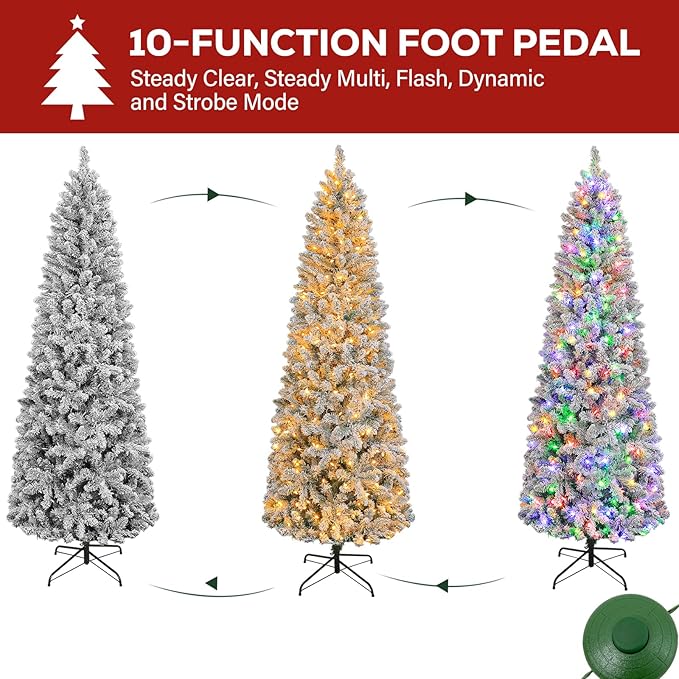 Hykolity 6ft Pre-Lit Snow Flocked Slim Tree, 200 Multi Color LED Lights, 544 Realistic PVC Tips, Hinged Design, Metal Base, 10 Modes