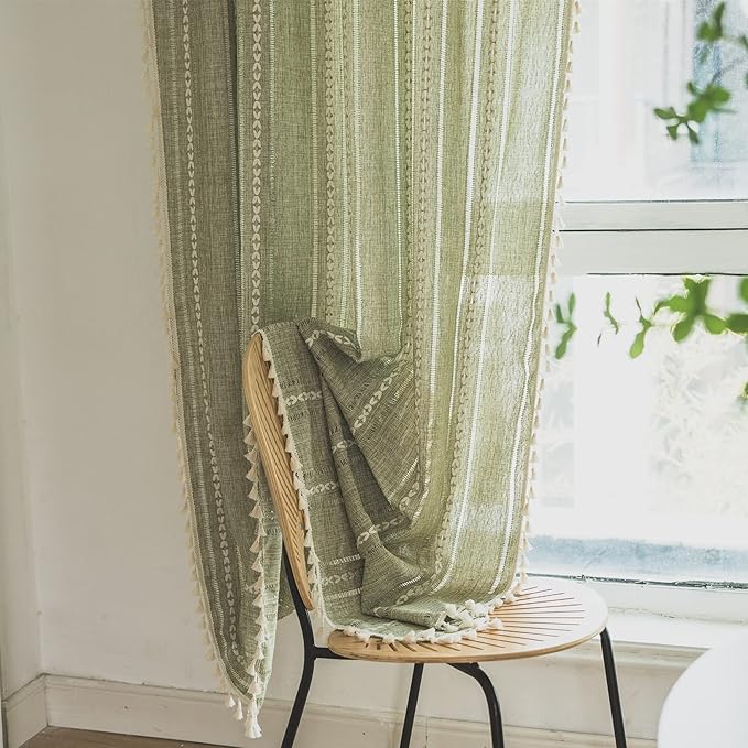 Sutuo Home Boho Curtains for Bedroom Living Room 84 Inches Long, Light Filtering French Country Farmhouse Vintage Chic Tassels Hollow Window Treatment Bohemian Drape, 1 Panel 52"W x 84"L, Sage Green