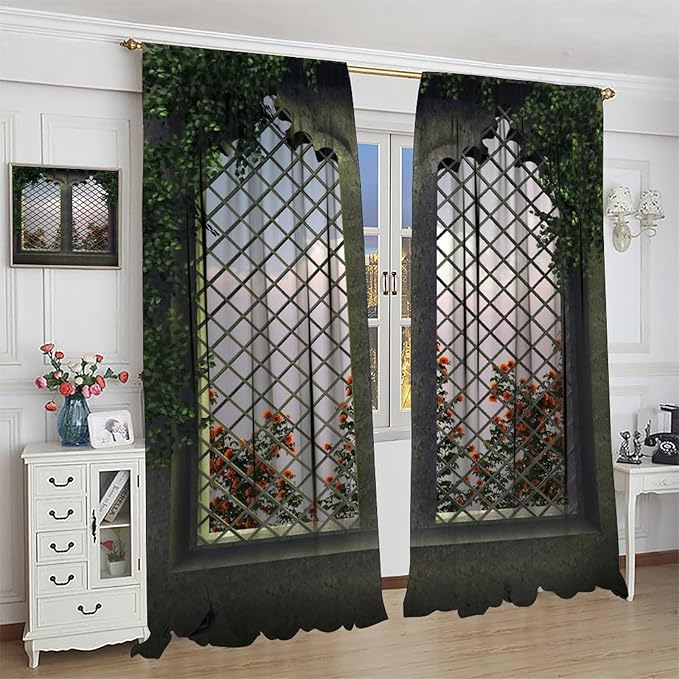 Gothic Mid Century Flower Blackout Curtains, Vintage Castle Botanical Floral Print Pattern Window Drapes, for Living Room Bedroom 31.5(W)*63(L) 2 Panels