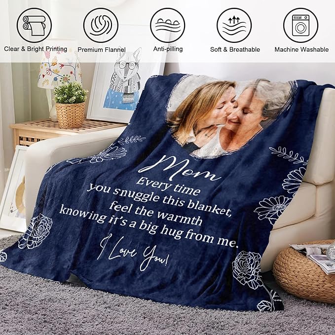 Ships Next Day, Personalized Christmas Mom Blanket Gift, Custom Blanket with Kids Name and Birth Month Flowers, Birthday Gifts for Mom from Daughter Son, Personalized Gifts for Grandma,Wife