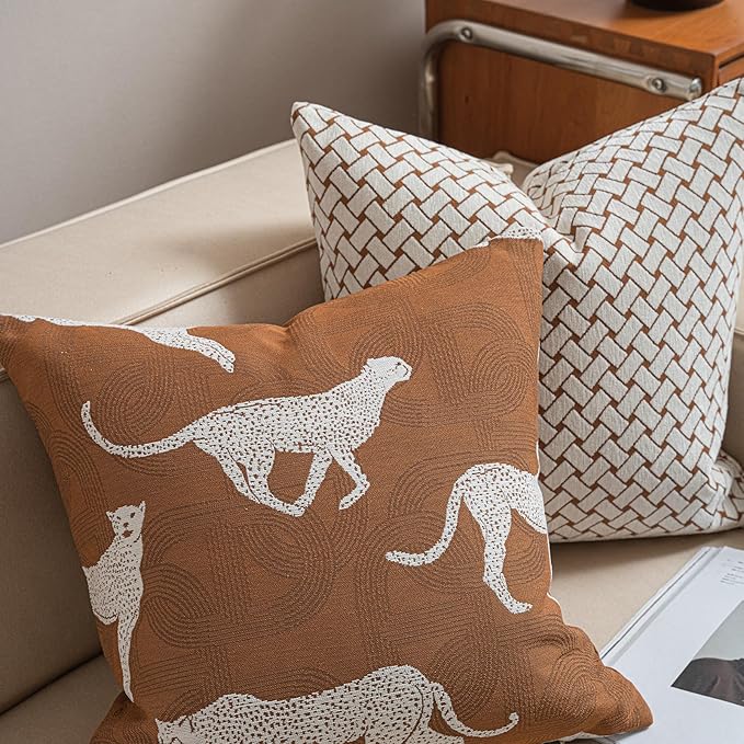 2025 New 20x20'' inches Throw Pillow Cushion Covers - Woven Grid Orange Color Chenille Jacquard Embroidery Luxury Modern Style Couch Sofa Bed Pillow Cover for Living Room Bedroom