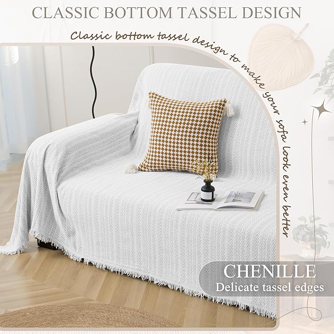 ALIECOM Boho Couch Covers for Sectional Sofa 2 Piece Thick Chenille L Shape Sectional Sofa Cover for Dogs Couch Blanket Sofa Slipcover Pet Furniture Protector Washable (X-Large, Lines Light Grey)