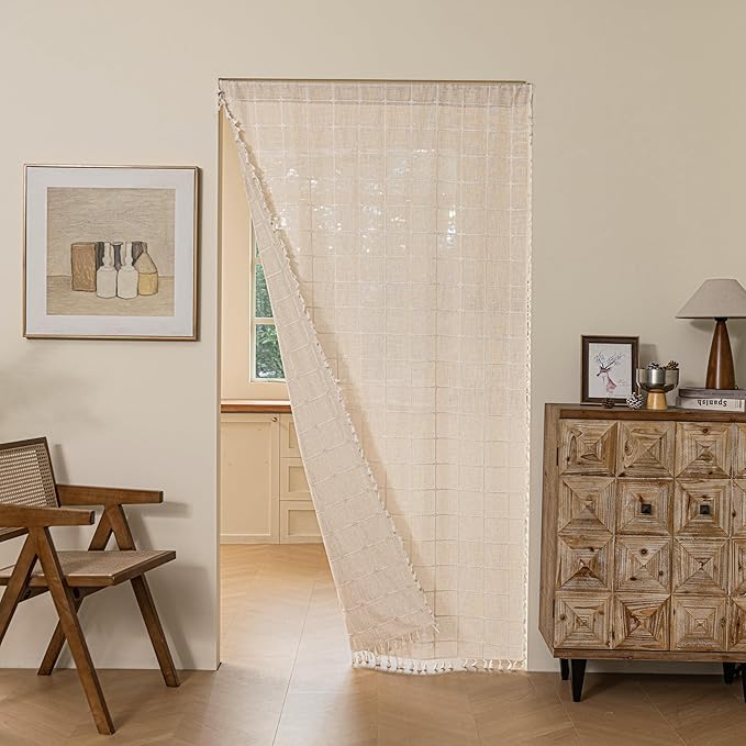 Sutuo Home Boho Door Window Curtains, Bohemian French Country Door Semi Blackout Curtains for Doorway Tassels Privacy Vintage Chic Stripes Decor, Rod Pocket 1 Panel 37" W x 80" L, Light Coffee Plaids
