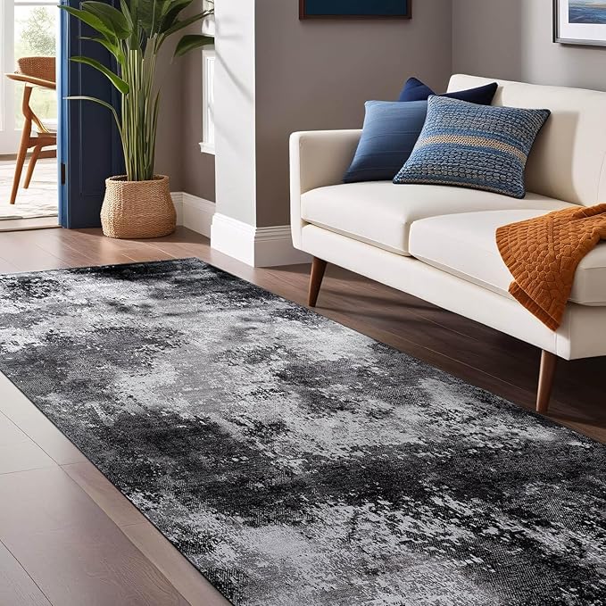 Non Slip Rugs 2x7 Modern Abstract Easy Silk Rubber Backing Soft Runner Rug for Hallways Easy to Clean Non Shedding Kitchen for Laundry Room Indoor Area Carpet (Gray - Black, 2x7)
