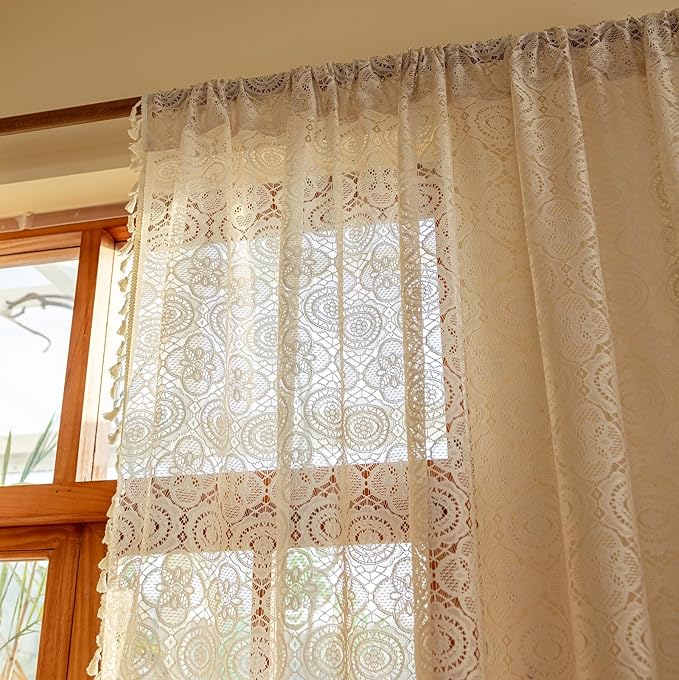 YJ YANJUN Boho Sheer Curtains 108 inches Long Antique Farmhouse Extra Long Floor to Ceiling Curtains Lace Voile Curtain for Patio Sliding Door Living Room Privacy 9ft 59" W x 108" L (Pack of 2)