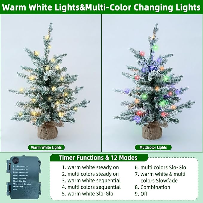 2ft Snow Flocked Prelit Small Christmas Tree Decorations with 35 Dual-Color LED Lights, Lighted Mini White Xmas Tree Artificial for Tabletop Mantle with 157 Tips, Burlap Base,Battery-Operated