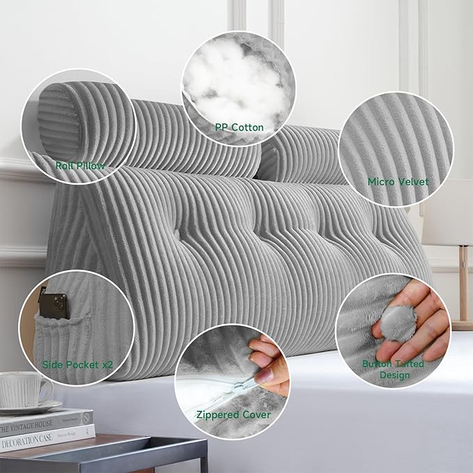 Z-hom Large Wedge Pillow Headboard, Queen Triangular Headboard Pillow, Reading Pillow Bed with a Roll Pillow for Bed Sitting Up Sleeping, Backrest Cushion Headboard Gap Pillow for Back, Light Gray