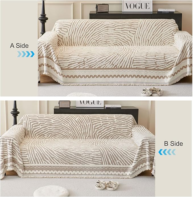 ROOMLIFE Thicked Striped Couch Cover with Tassel Khaki Chenille Sofa Cover Blanket for Sectional Sofa, Soft Sofa Slipcovers for L Shaped Love Seat 2-3 Cushion Couch Anti Slip Sofa Protector, 71"x118"