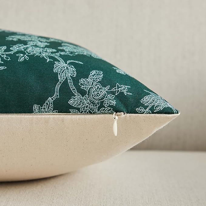 100% Cotton French Pastoral Throw Pillow Covers Set of 2, 18x18 Inch Background/Green Farmhouse Decorative Cushion Covers for Sofa Bed Living Room Home Decor