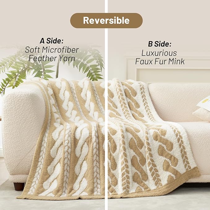 Amélie Home Cable Knit Throw Blanket for Couch, Bicolour Super Soft Fuzzy Blanket for Sofa, Luxury Cozy Fluffy Throw for Room Decor, 50" x 60", Cable Beige & White