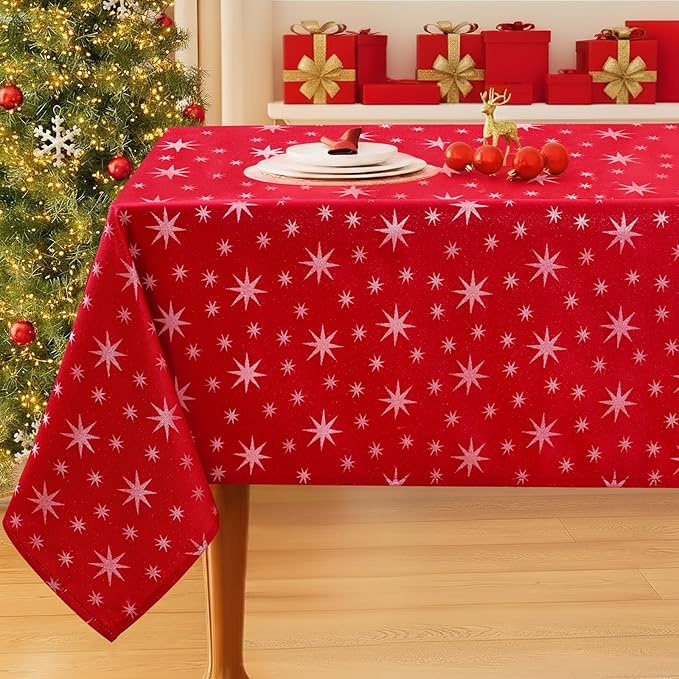 Smiry Rectangle Christmas Red Tablecloth, 60x120 Inch Waterproof Damask Table Cloth, Star Patterns Fabric Table Covers for Christmas Dinner, and New Year Celebration, Red