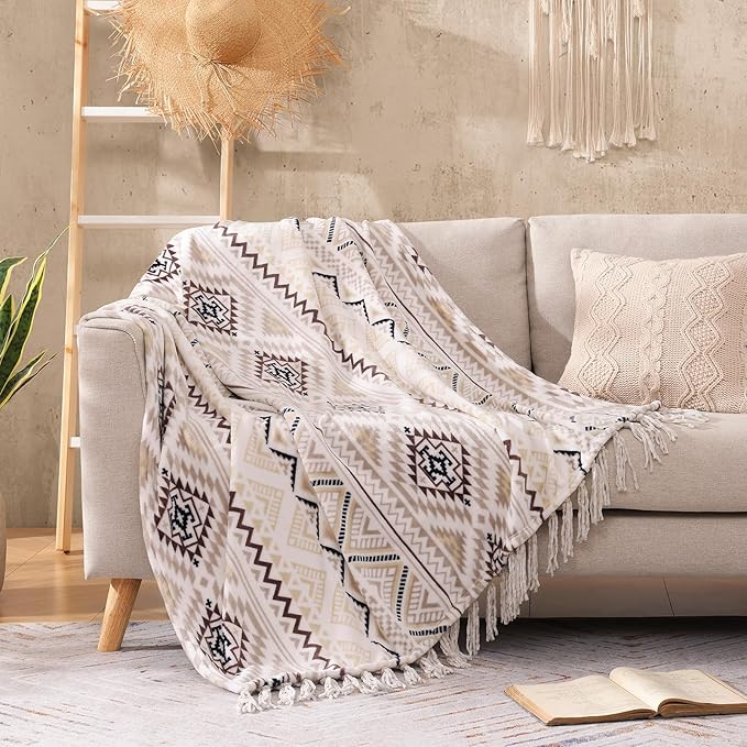 CASAAGUSTO Boho Throw Blanket - Beige and Gray Decorative Blankets with Tassel, Printed Flannel Bohemian Blanket for Chair, Bed, Sofa, Couch(60 * 80, Beige and Gray)