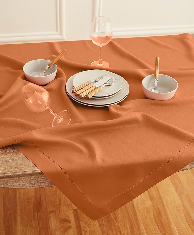Solino Home Linen Square Tablecloth 52 x 52 Inch - 100% Pure Linen Pumpkin Table Throw - Classic Hemstitch, Machine Washable Table Cloth for Fall, Autumn, Thanksgiving, Holiday