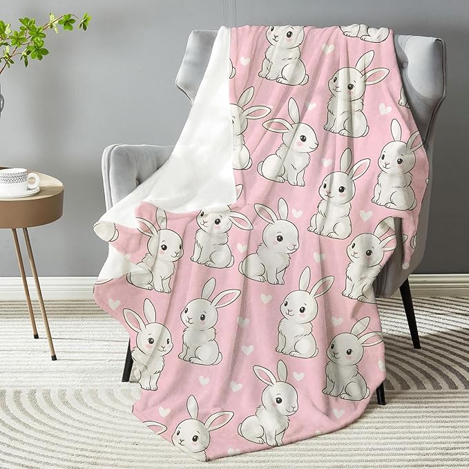 Adorable Pink Bunny Blanket, Plush Soft Lightweight Warm Cozy Flannel 80×60 inch Throw Blanket with Cute Rabbit Pattern for Couch, Travel, Bed, Outdoor, Gifts for Girls Teens Kids Women