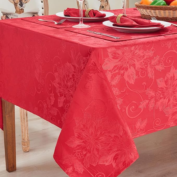 Rectangle Christmas Jacquard Table Cloth Waterproof Elegant Damask Floral Pattern Heavy Weight Wipeable Wrinkle Free Fabric Table Covers for Dinner or Daily Uses(Dark Red/60x120 Inch)