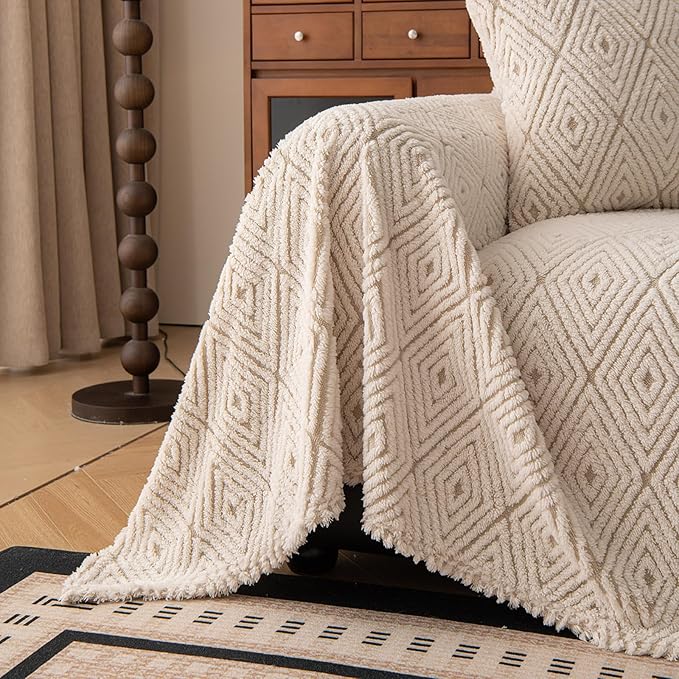 ROOMLIFE Striped Boho Khaki Couch Cover for 2-3 Cushion Sofa, Fuzzy Plush Warm Sofa Slipcovers Sectional Sofas Covers, Non Slip Washable Furniture Protector Soft with Tassel,Winter 71''X150”