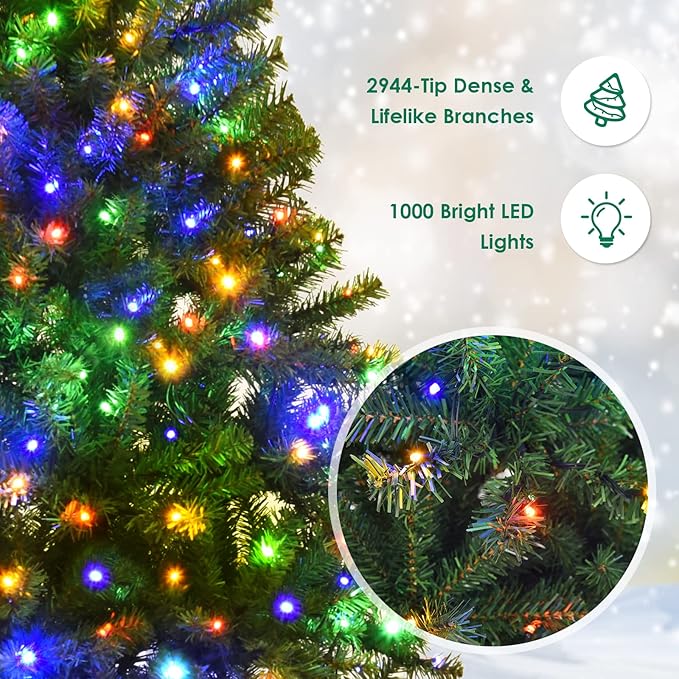 COSTWAY 9 FT Pre-lit Christmas Tree, Artificial Xmas Tree with 1000 Warm White & Multicolored Lights, 11 Modes, 2944 Branch Tips, Metal Support, Holiday Decoration Fake Tree for Home, Office, Party