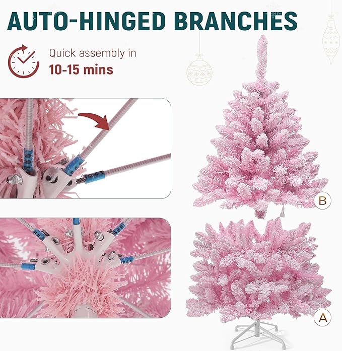 YITAHOME 4.5 FT Prelit Pink Flocked Christmas Tree, Pre-Lit Pink Spruce Artificial Christmas Tree with 400 PVC Flocked Tips and 200 Warm-White Lights for Home, Office Decoration