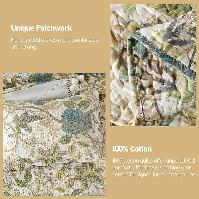 DURLENGEN Forest 100% Cotton Queen Quilt 3Pcs,Bohemian Reversible Leaves & Flowers Pattern on White, Luxury Lightweight Coverlet Sets for All Season(Queen 90x96,Forest)