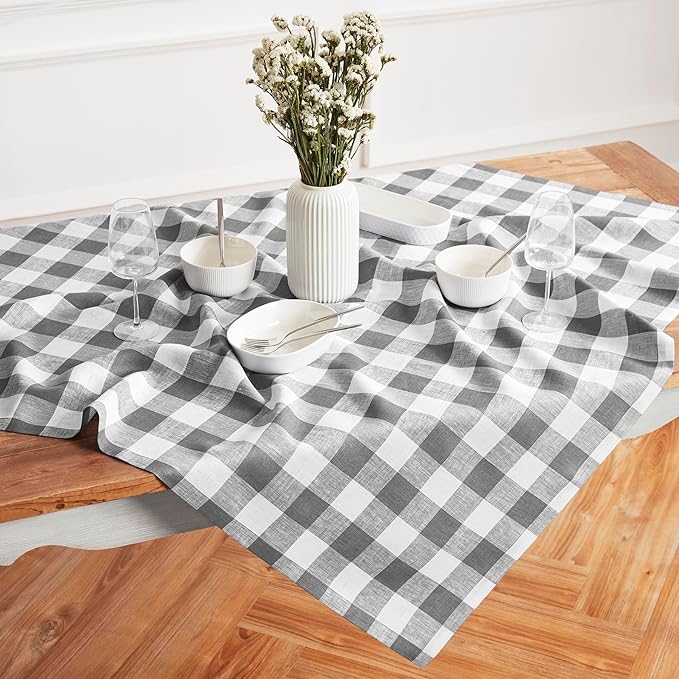 Solino Home Linen Checkered Tablecloth 52 x 52 Inch - 100% Pure Linen Grey and White Square Table Cloth - Machine Washable Buffalo Plaid Table Throw for Fall, Autumn, Thanksgiving, Christmas, Winter