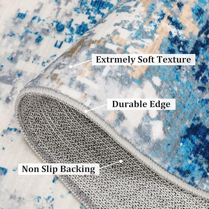 5x7 Modern Abstract Faux Wool Rug Ultra-Soft Low Pile Accent Rug Stain Resistant Carpet Machine Washable Rugs for Bedroom with Non Slip Backing, Blue/Grey