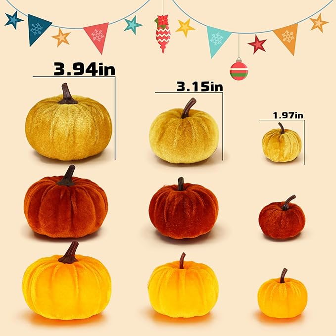 12 Faux Flocked Pumpkins, Perfect for Fall Harvest, Halloween, or Thanksgiving Table Centerpieces(12, Orange, Yellow, and Crimson)