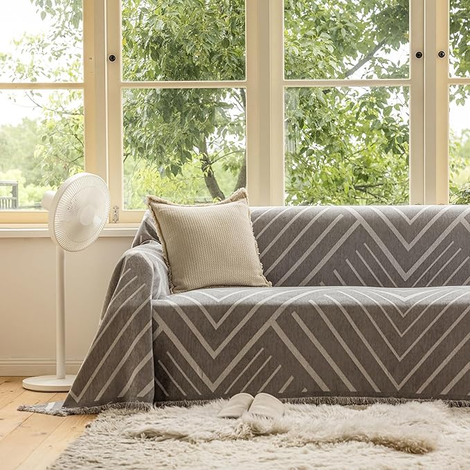 VClife Boho Farmhouse Couch Cover 71''x150'', 1 pc Washable Sofa Covers for 3 Cushion Couch Sofa Kids Soft Chenille Gray White Herringbone Home Decor Couch Covers for Bed Sofa Living Room Slipcover