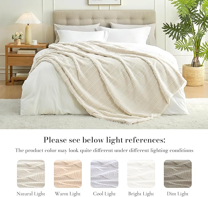 Amélie Home Luxury Striped Faux Fur Throw Blanket for Couch, Soft Cozy Fuzzy Fluffy Soft Plush Blankets Sofa Chair Gift Blankets for Women, 60"x80", Ivory