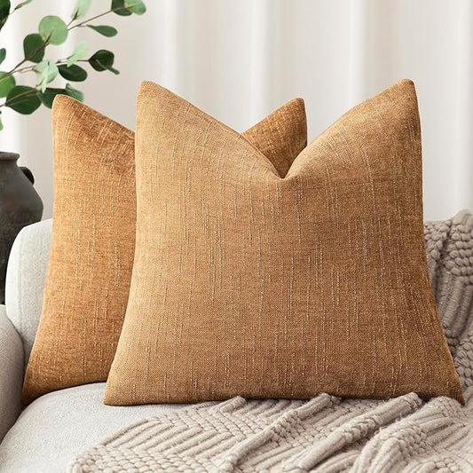 Foindtower Set of 2 Soft Textured Chenille Throw Decorative Pillow Covers Square Accent Solid Cushion Cover Neutral Farmhouse Pillow Case for Couch Sofa Bedroom Living Room 26x26 Inch,Golden Brown
