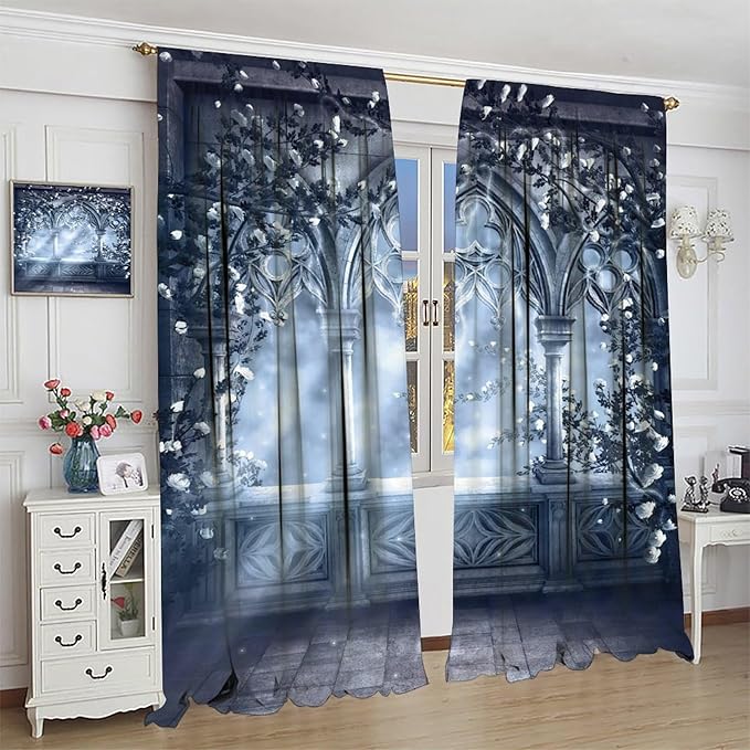 Gothic Mid Century Blackout Curtains, Medieval Castle Vintage Arch Stone White Rose Floral Window Drapes, for Living Room Bedroom 42(W)*84(L) 2 Panels