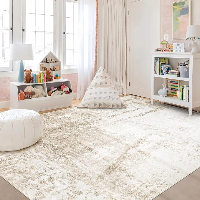 6x9 Area Rugs Washable Rug, Soft Modern Abstract Rugs for Living Room Large Low Pile Thin Rug Non Slip Indoor Neutral Carpet for Bedroom Dining Room Farmhouse Office Kids Playroom Beige