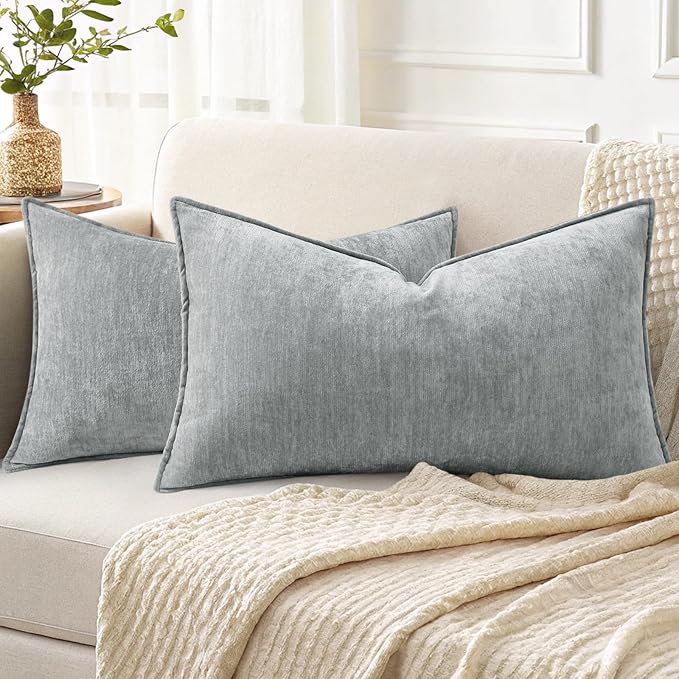 decorUhome Christmas Couch Throw Pillow Covers 12x20 Set of 2, Decorative Soft Euro Velvet Neutral Chenille Lumbar Pillow Covers with Elegant Design for Sofa Bed Living Room Home Decor, Ultimate Gray
