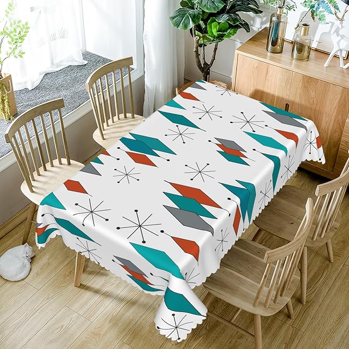 60x120inches Mid Century Rectangle Tablecloth Modern Geometric Teal Diamond Table Cloth Spill Proof and Washable Polyester Fabric Table Cover for Dining Room Kitchen Patio Home Decorations