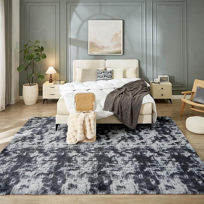 Floralux 8x10 Rugs for Living Room, Tie-Dyed Dark Grey, Ultra Soft Large Shag Bedroom Rug, Fluffy Plush Modern Floor Carpet