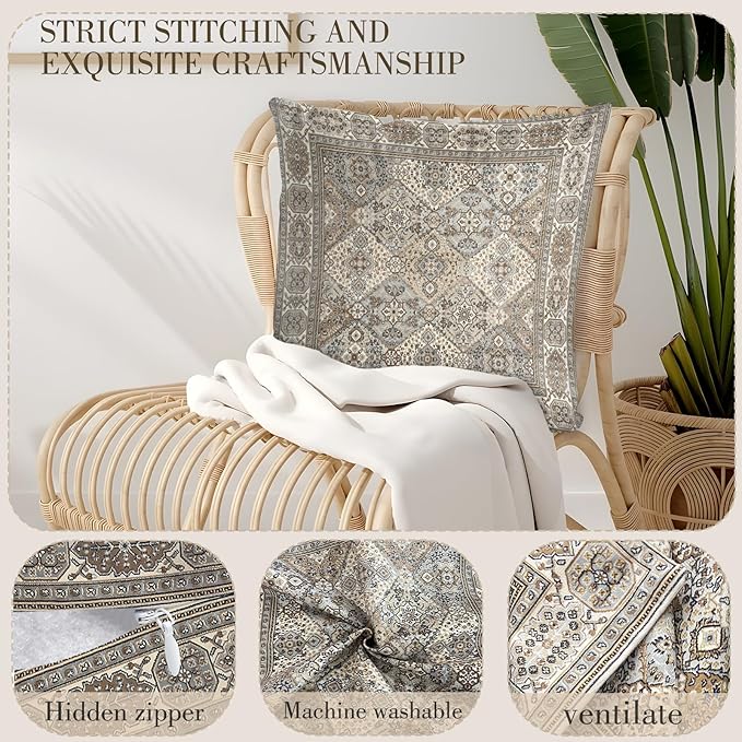 Boho Floral Throw Pillow Covers 22x22 inch Set of 2,Boho Rug Geometric Floral Pattern Decor Double Sided Pattern Cushion Cover Soft Pillow Case Living Sofa Room Bed Square Pillow Cover