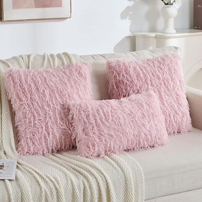 FUTEI Pink Decorative Throw Pillow Covers 24x24 Inch Set of 2,Soft Fluffy Faux Feather Texture European Cushion Cases,Modern Home Luxury Decor for Couch Bed Living Room