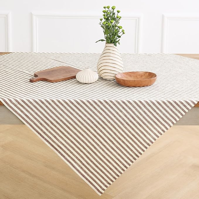 Solino Home Linen Striped Tablecloth 52 x 52 Inch - 100% Pure Linen Brown and Cream Square Table Throw - Amalfi Stripe, Machine Washable Tablecloth for Fall, Autumn, Thanksgiving